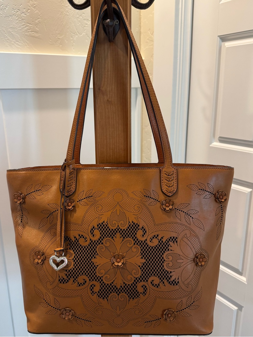 Brighton Tivoli Trellis Brown - Tan Floral Laser-Cut Leather Tote - Heart Charm